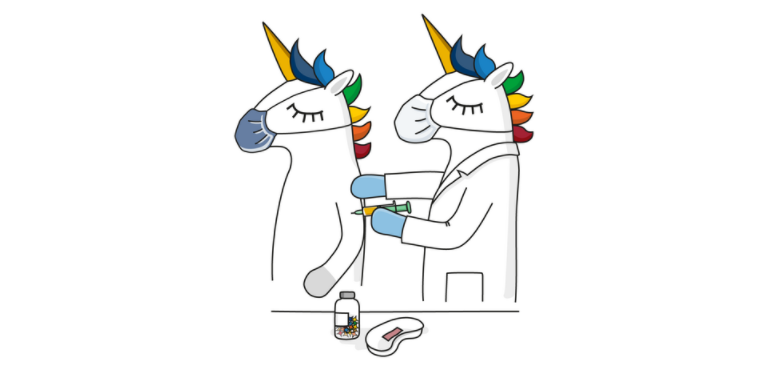 Impfeinhorn Comic eines Einhorns, das ein anderes Einhorn impft