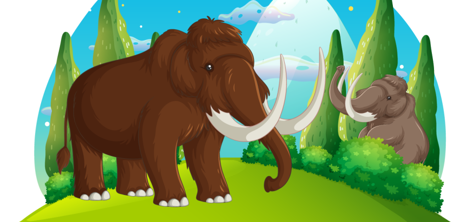 Mammute Graues und braunes Mammut auf einer Wiese im Wald