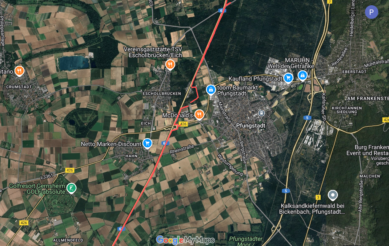 Straßenkarte Pfungstadt mit ASP-Festzauntrassenverlauf als rote Linie markiert