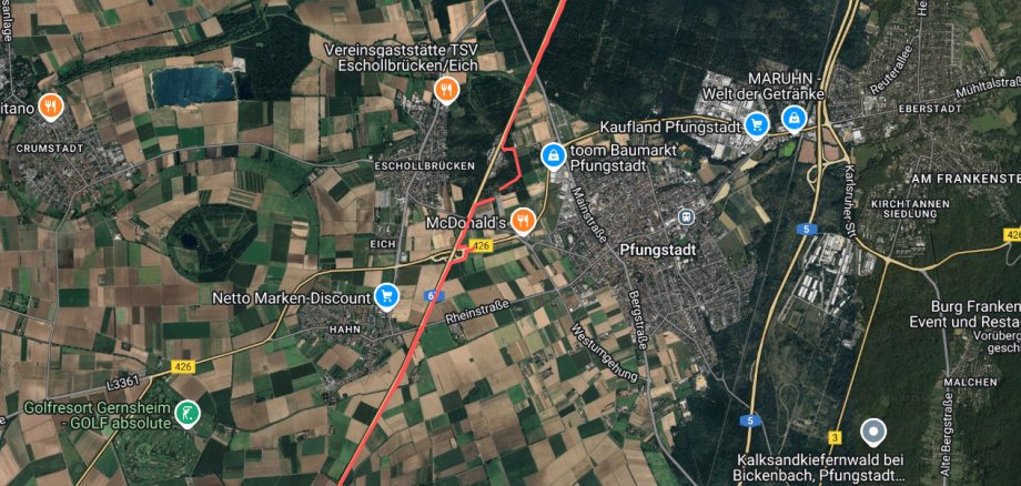 Straßenkarte Pfungstadt mit ASP-Festzauntrassenverlauf als rote Linie markiert