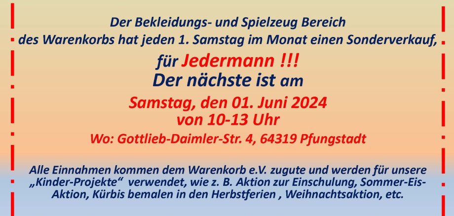 Veranstaltungsplakat für Sonderverkauf Warenkorb am  Samstag, den 1. Juni 2024