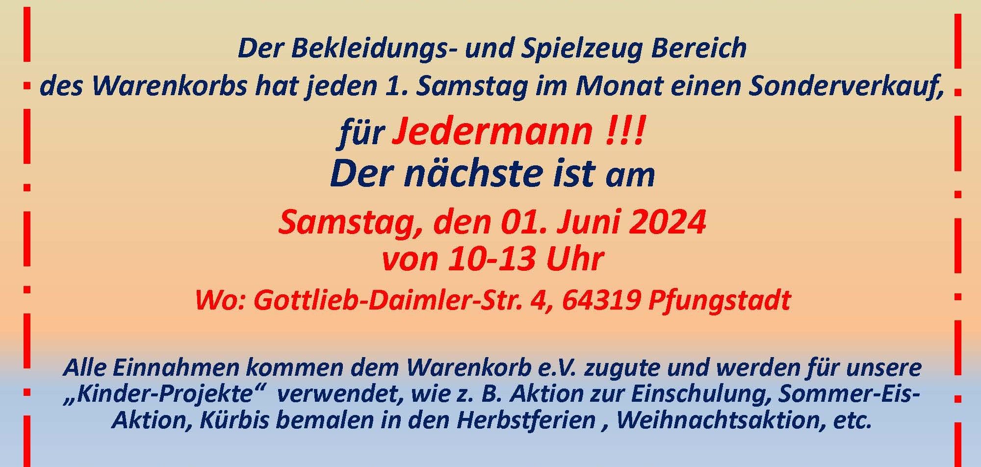 Veranstaltungsplakat für Sonderverkauf Warenkorb am  Samstag, den 1. Juni 2024