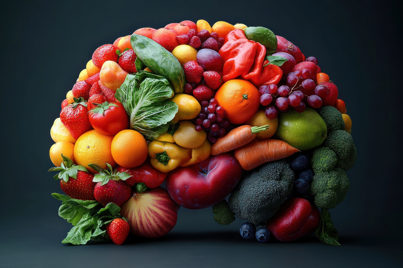 Brainfood – wie die Ernährung das Gehirn beeinflusst Symbolisches Gehirn, zusammengesetzt aus Obst