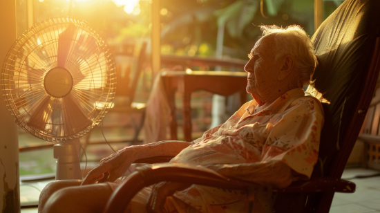 Alter Mann sitzt in einem Stuhl, neben ihm steht ein Ventilator