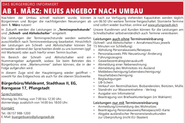 Übersicht Leistungen Bürgerbüro