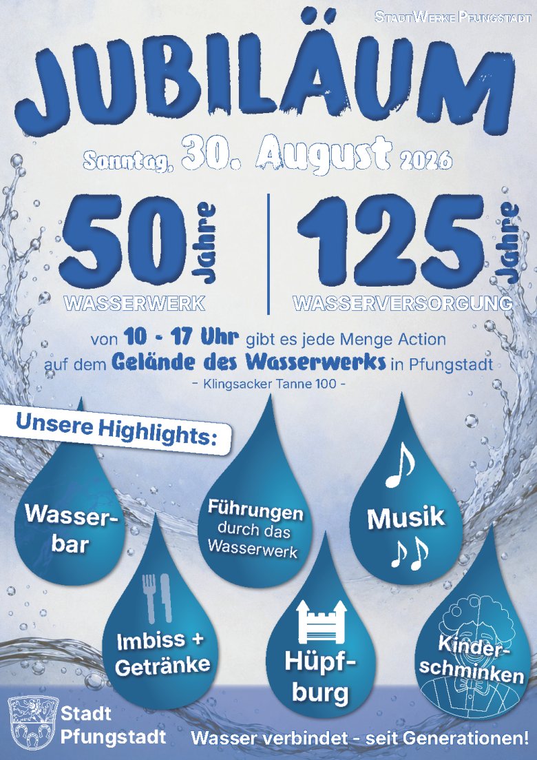 Jubiläum im Wasserwerk Pfungstadt – 50 Jahre Wasserwerk & 125 Jahre Wasserversorgung Plakat mit Infos zur Veranstaltung.