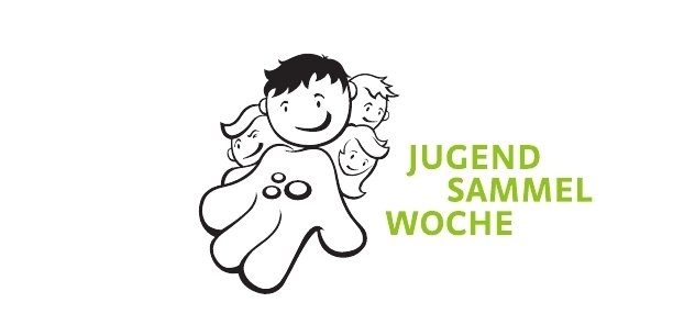 Jugendsammelwoche: Strichzeichnung einer Hand mit Geld und Kinderköpfe 