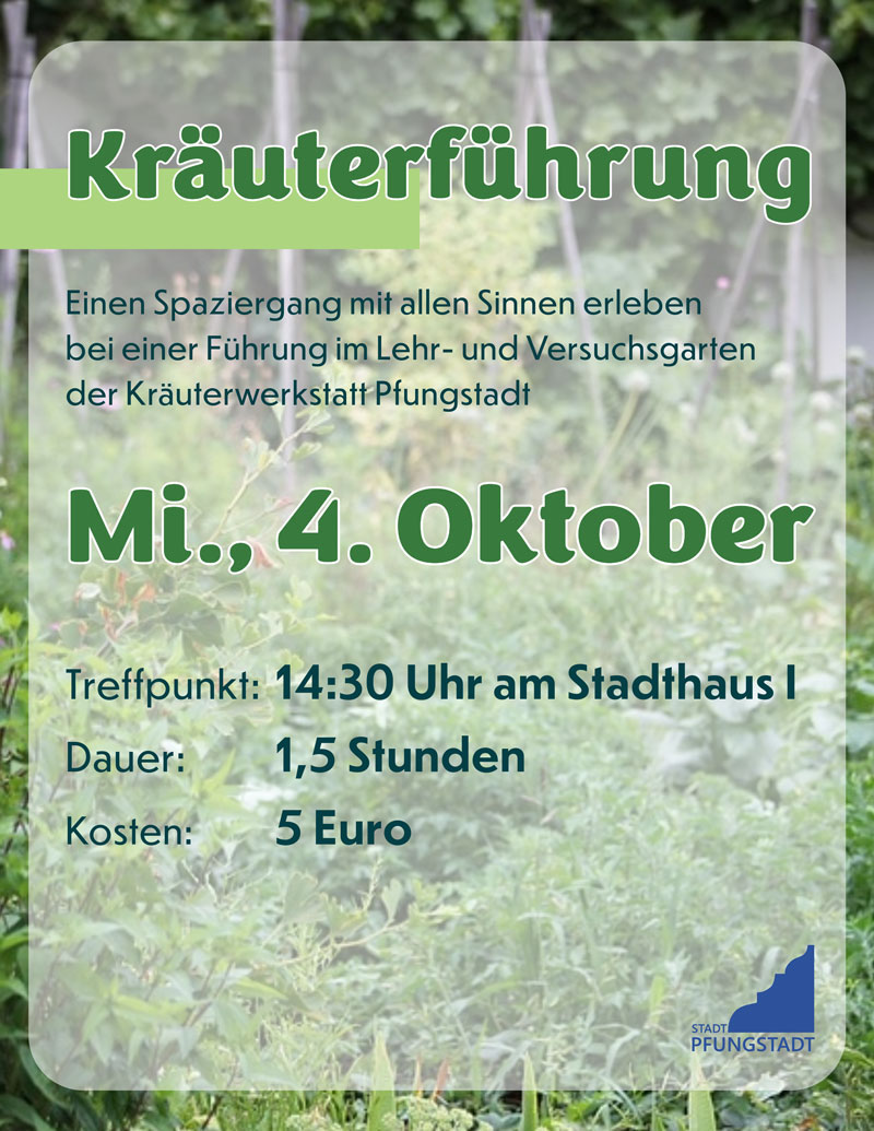 Ankündigungsplakat zu einer Kräuterführung mit Wiesenkräutern im Hintergrund