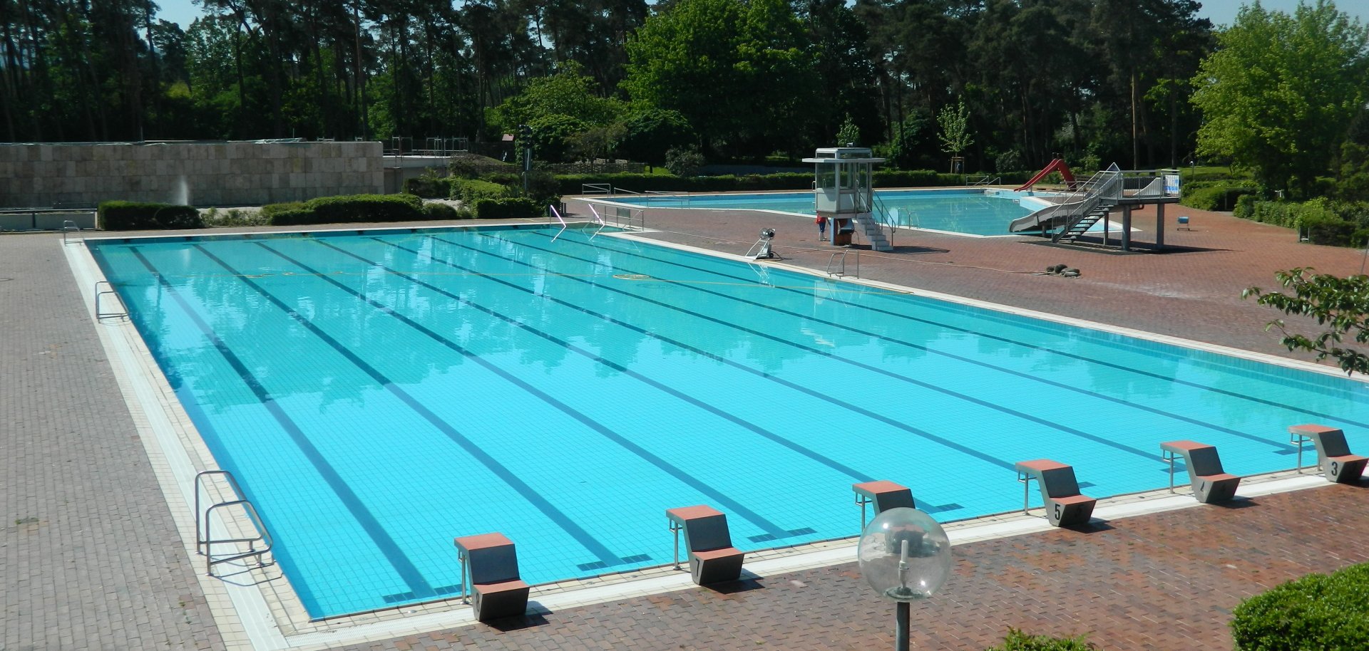 Großes leeres Schwimmbecken mit Bahnen und Sprungblöcken