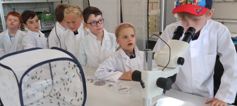 Kinder im Labor schauen durch ein Mikroskop