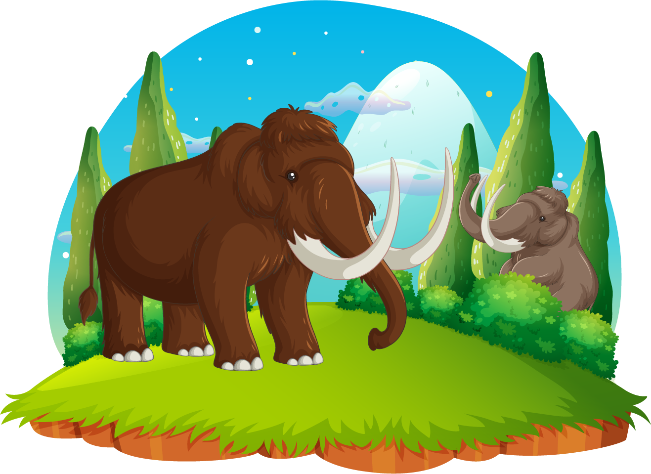 Graues und braunes Mammut auf einer Wiese im Wald