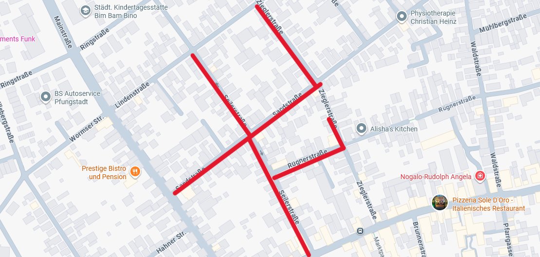 Verkehrsbehinderungen in mehreren Straßen Ausschnitt Lageplant mit vier rot markierten Straßen