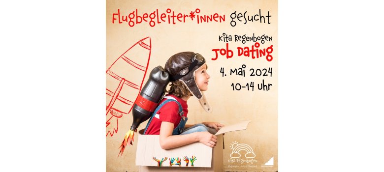 Willkommen beim Job-Dating in der Kita Regenbogen in Pfungstadt! Veranstaltungsplakat. Kind sitzt in einem Karton