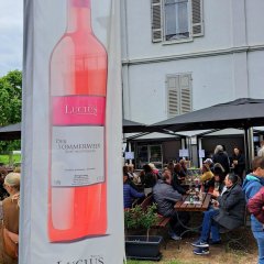 Zahlreiche Besucherinnen und Besucher genießen stimmungsvollen Abend mit Wein, Kulinarik und Musik im Park der Villa Büchner Menschen sitzen in einem Park unter schwarzen Sonnenschirmen und genießen Wein. Im Vordergrund eine Flagge des Weingut Lucius